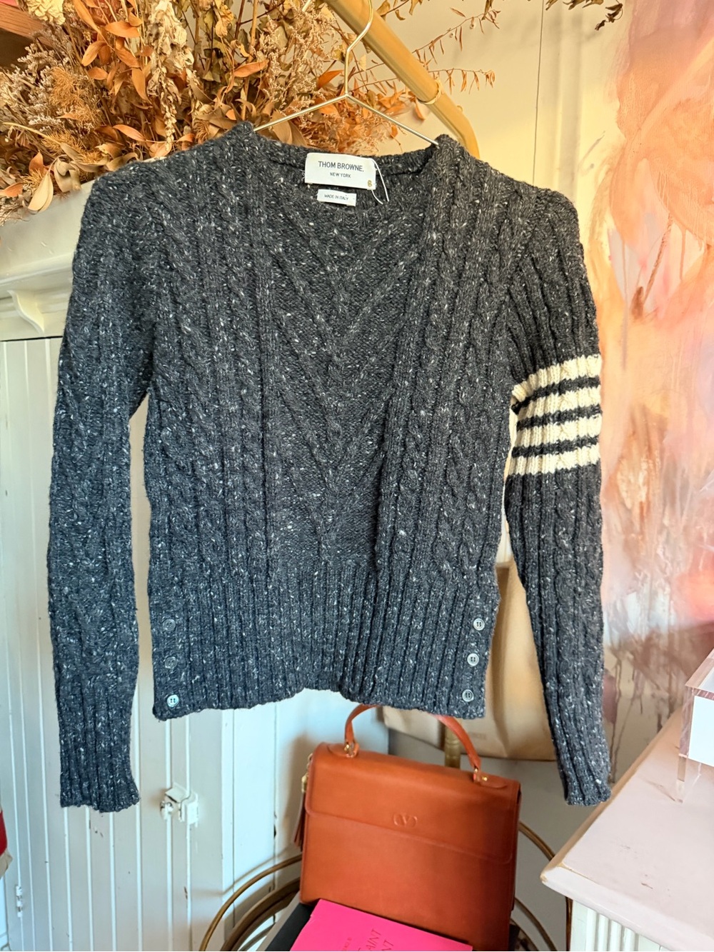 Thom Browne Charcoal Cable V-Neck Sweater with White Arm Stripes